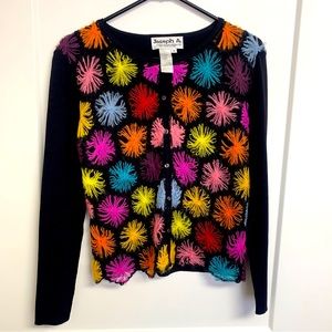 VTG Joseph A Appliqué Design Black Floral Cardigan Top Viscose Mohair Blend M